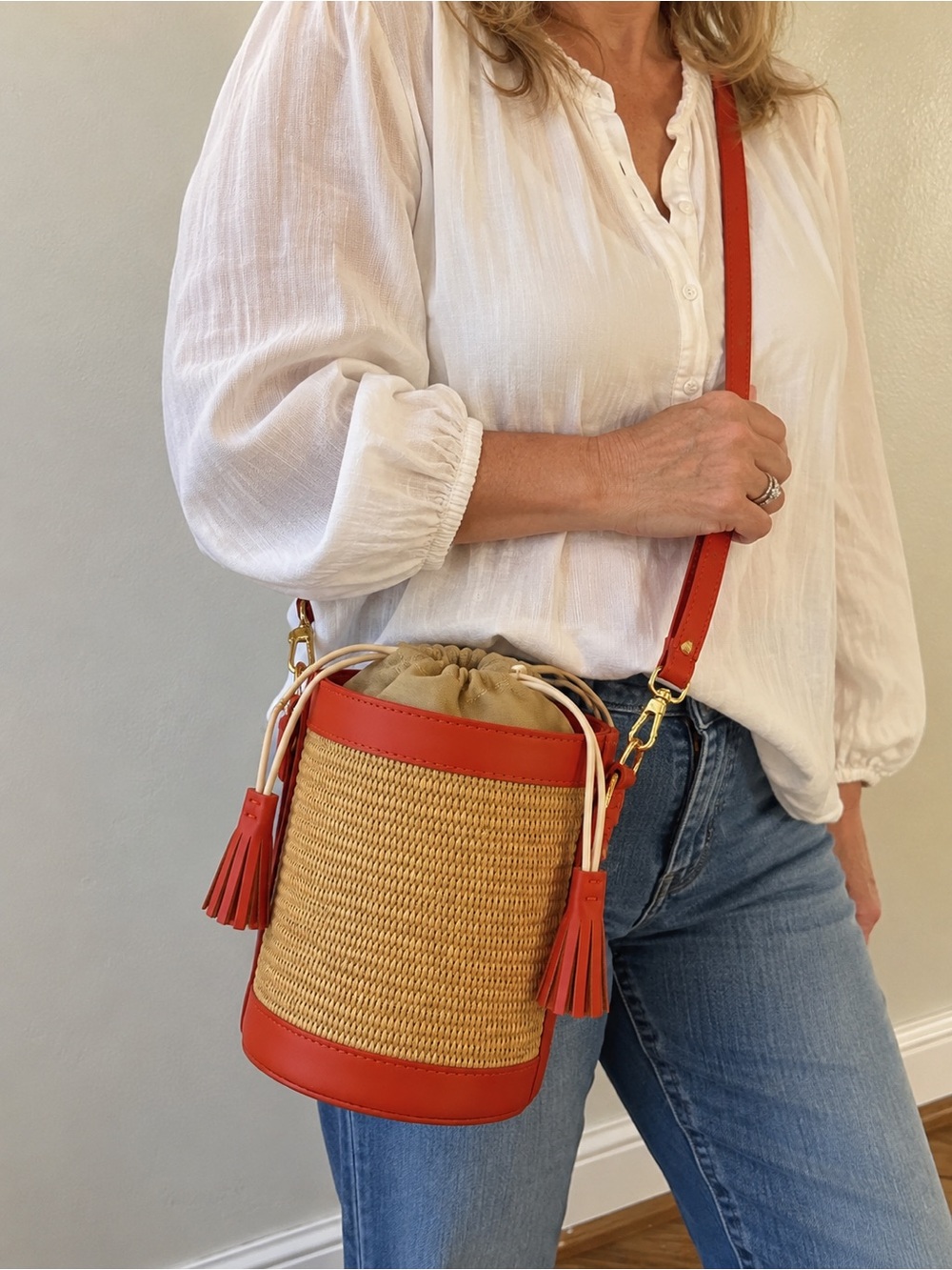 Anna Paolo Italy Raffia Genuine Leather Bucket Crossbody Bag Orange